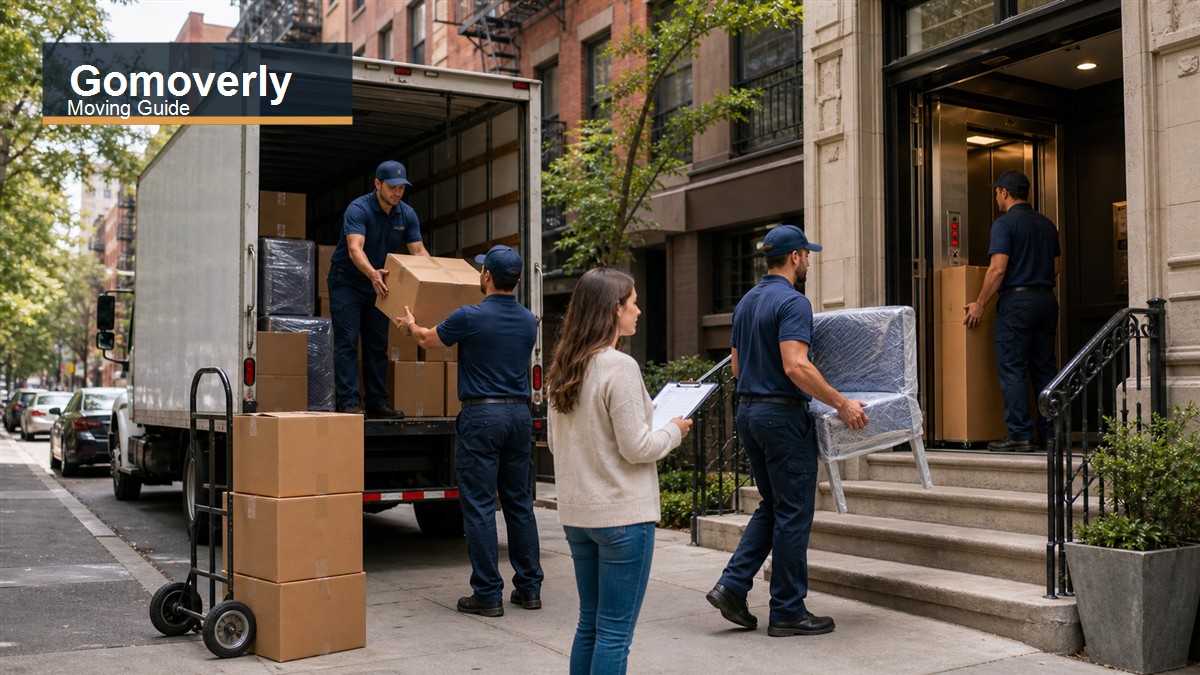 Gomoverly moving guide image showing NYC apartment movers handling boxes near an apartment building