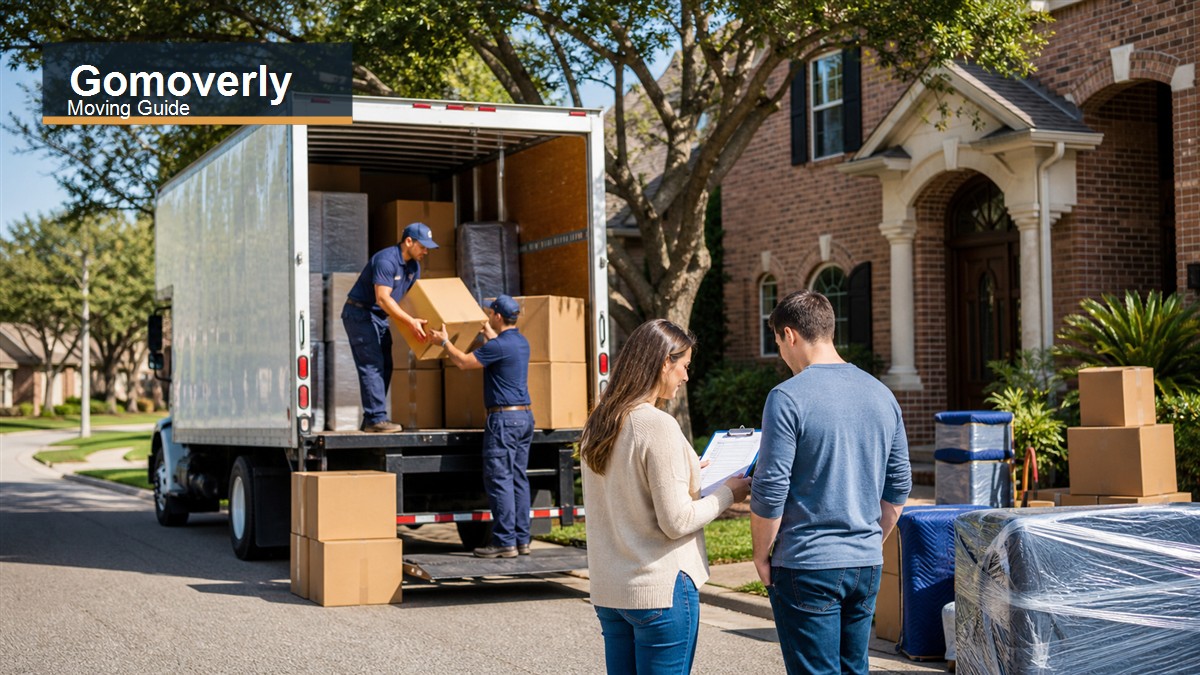 Gomoverly moving guide image showing movers loading a truck outside a Houston home